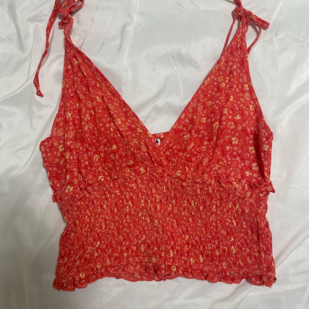 Pink floral tie strap tank top